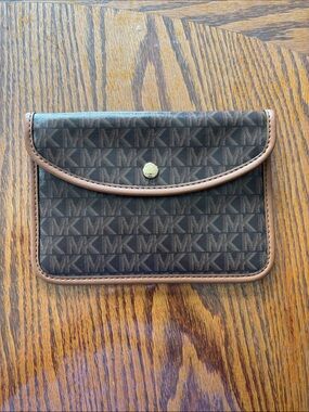 Michael Kors Dark Brown MK Monogram Snap Pouch with Tan Trim